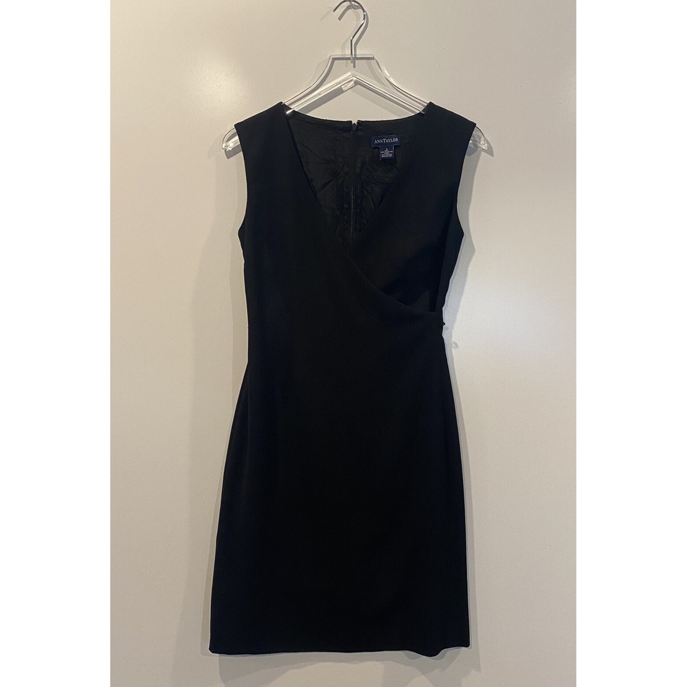 Ann Taylor Womens Black Sleeveless V-Neck Faux Wrap Sheath Dress Size 2 Office